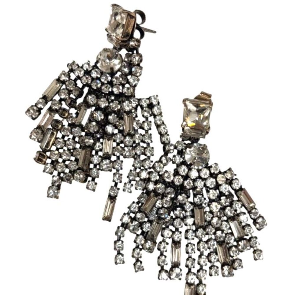 J.Crew Double Crystal Rhinestone Chandelier Fringe Fan Drop Statement Earrings